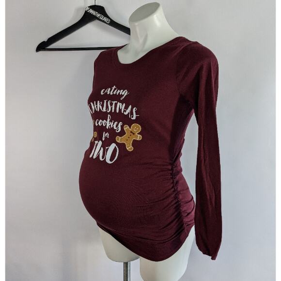 Motherhood Maternity Eating Christmas Cookies for 2 Graphic long sleeve tee XS - Picture 3 of 5